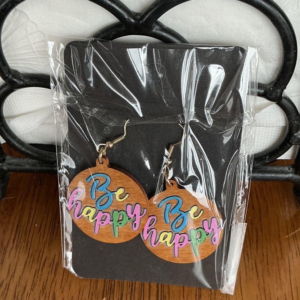 🙂Colorful 'Be Happy' Wooden Earrings🙂